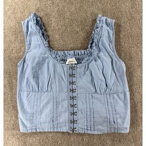 Japna Blue‎ Cotten Cropped Tank Top Ruffle Trim Hook Eye Front Womens Small